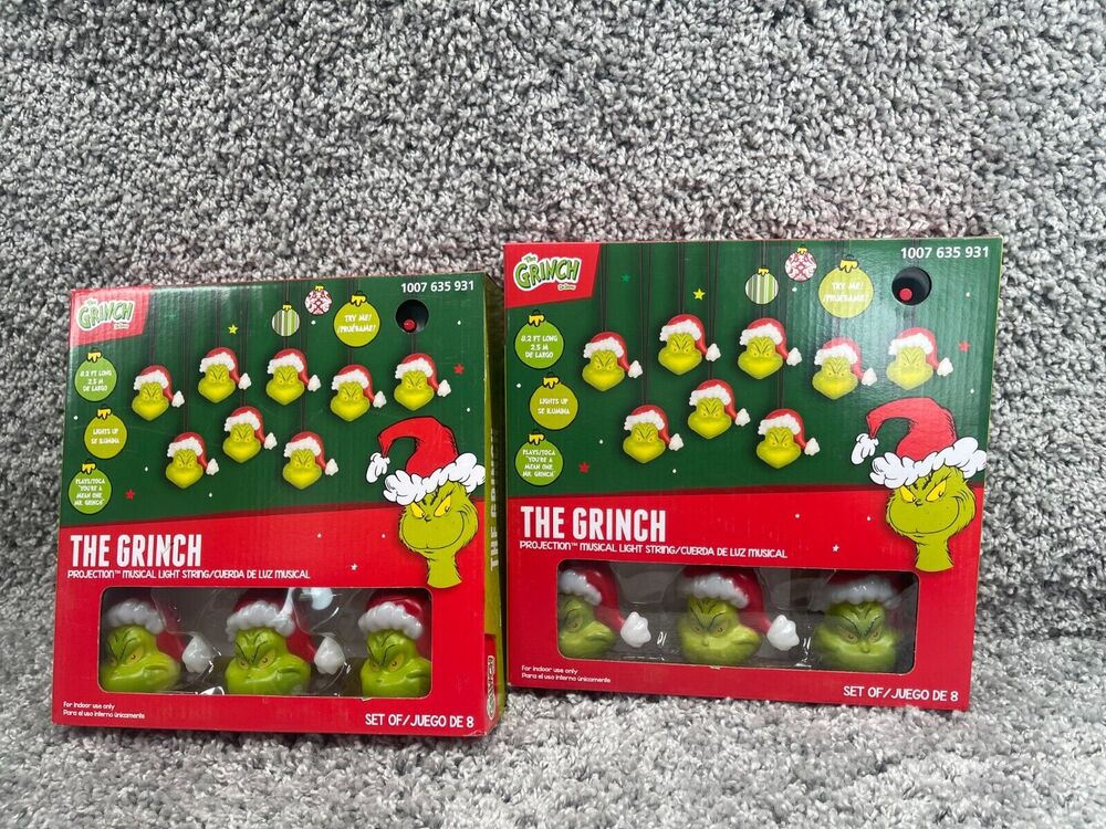 Lot of 2 Gemmy The Grinch W/ Santa Hat Projection 8 Musical Light String LED New